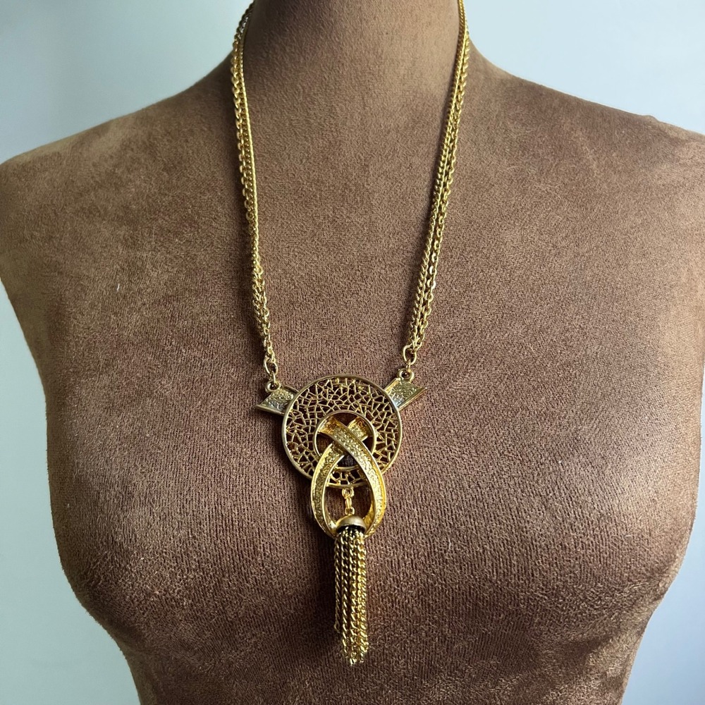 Vintage Gold‎ Tone Filigree Tassel Statement Necklace 22 Inch Eclectic